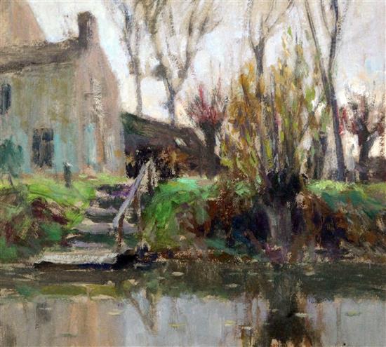 Attributed to Eugène Antoine Durenne (1860-1944) Study of a river bank, 10 x 11in.
